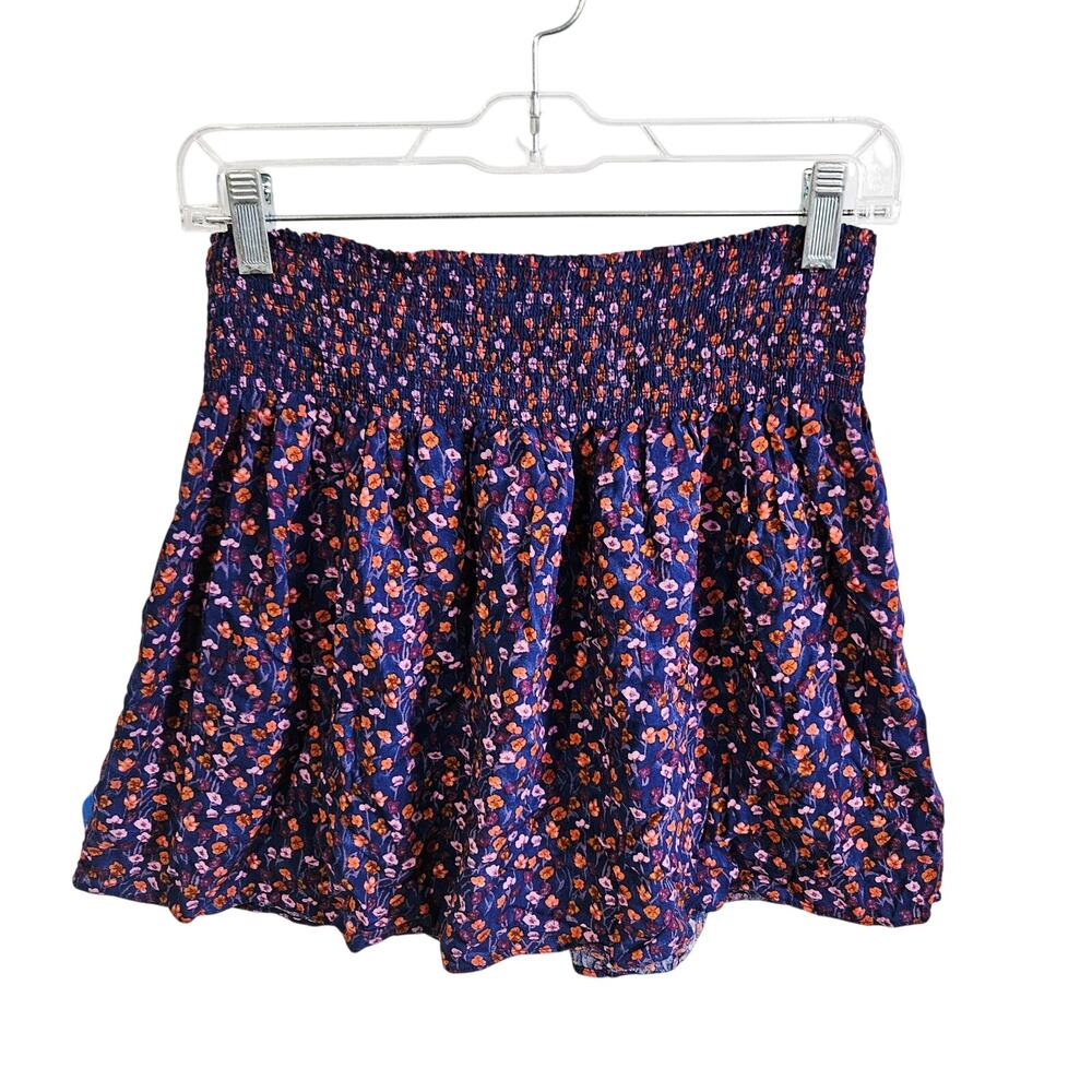Mossimo Supply Co. Women's L Smocked Mini Skirt Blue Orange Microfloral Pull On